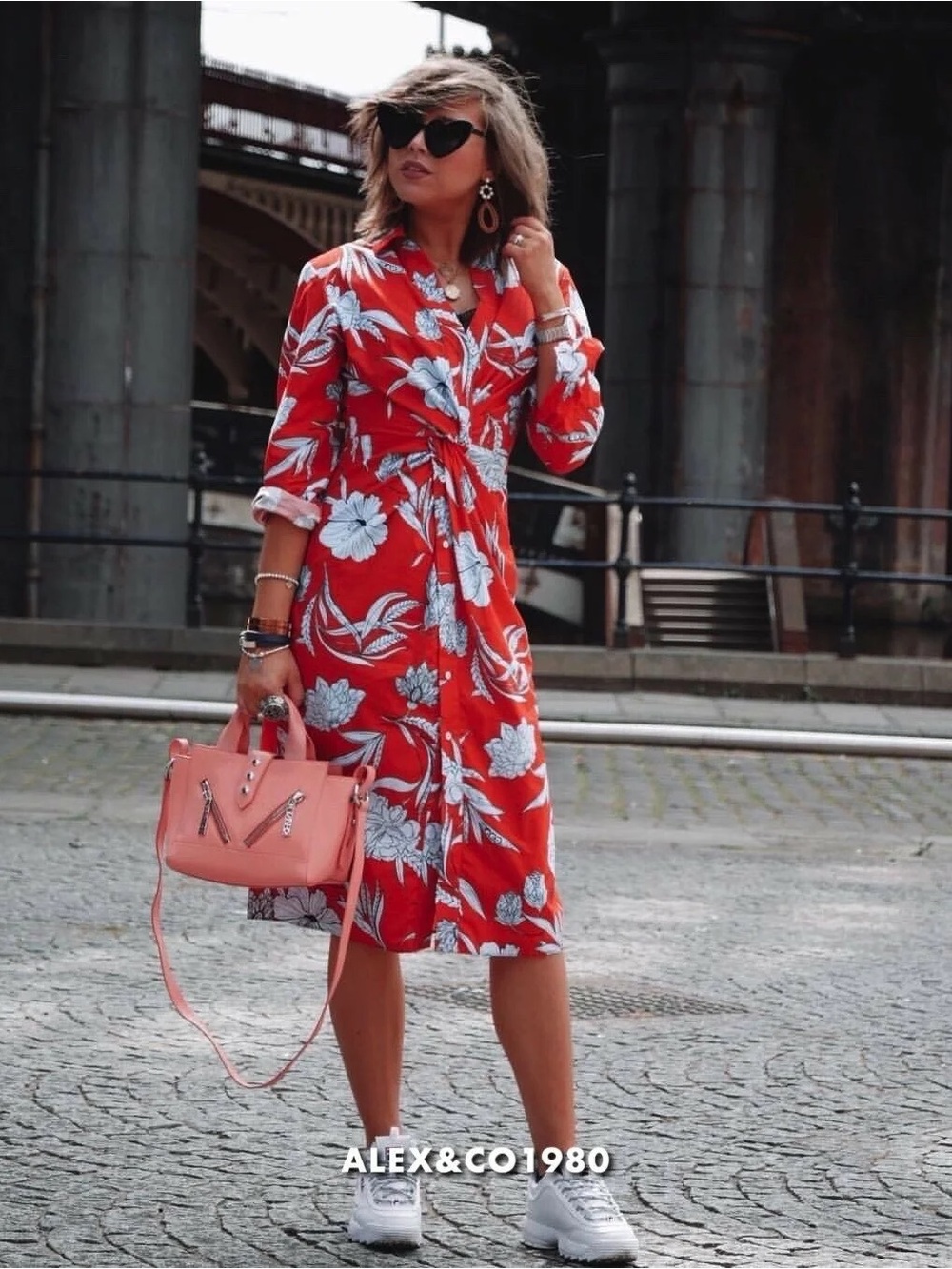 Zara Red Floral Midi Dress With Front Knot